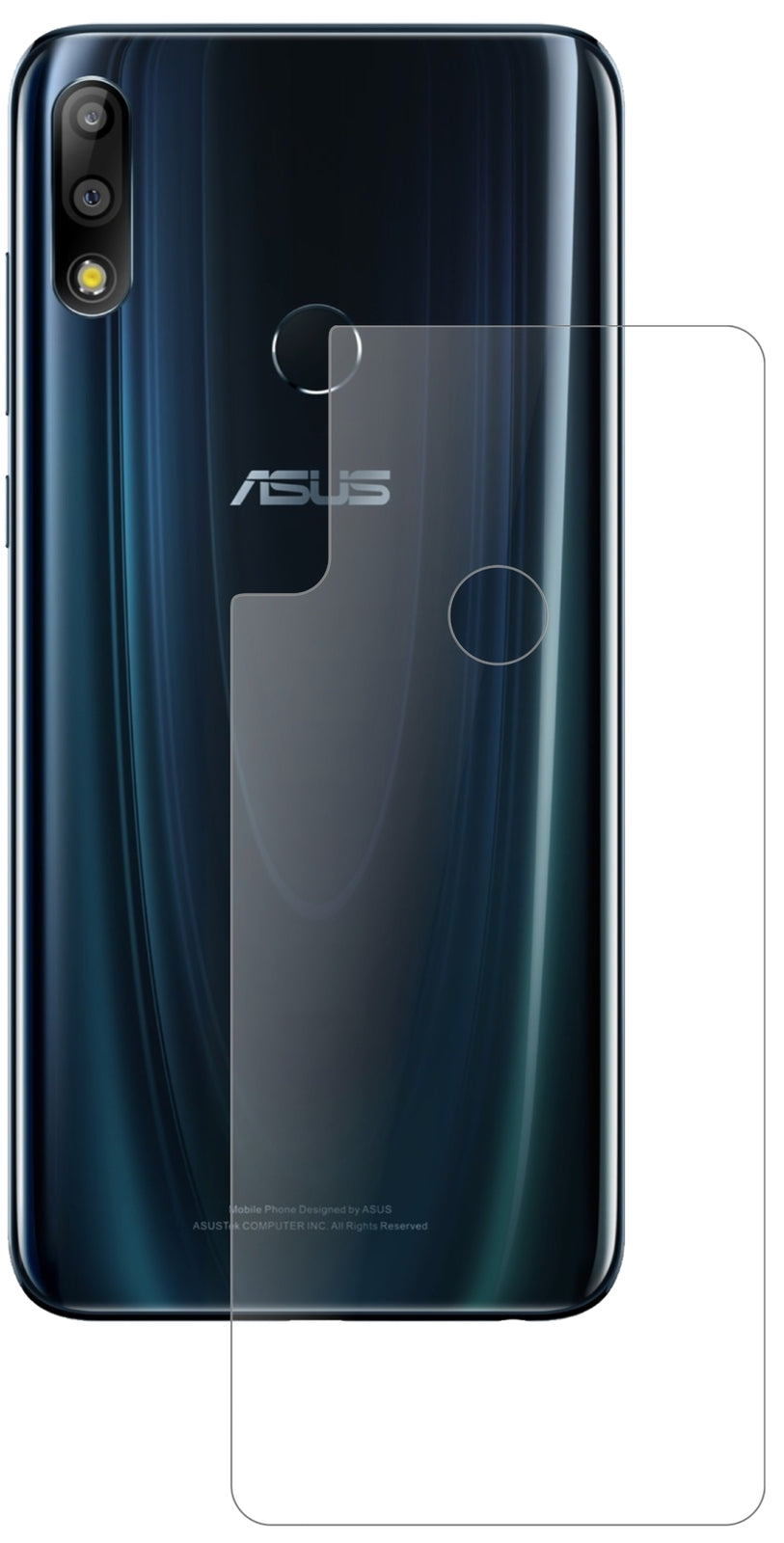 AsusZenFone Max Pro (M2) Rückseite mit aufgebrachter dipos Panzerfolie, die lästige Fingerabdrücke minimiert