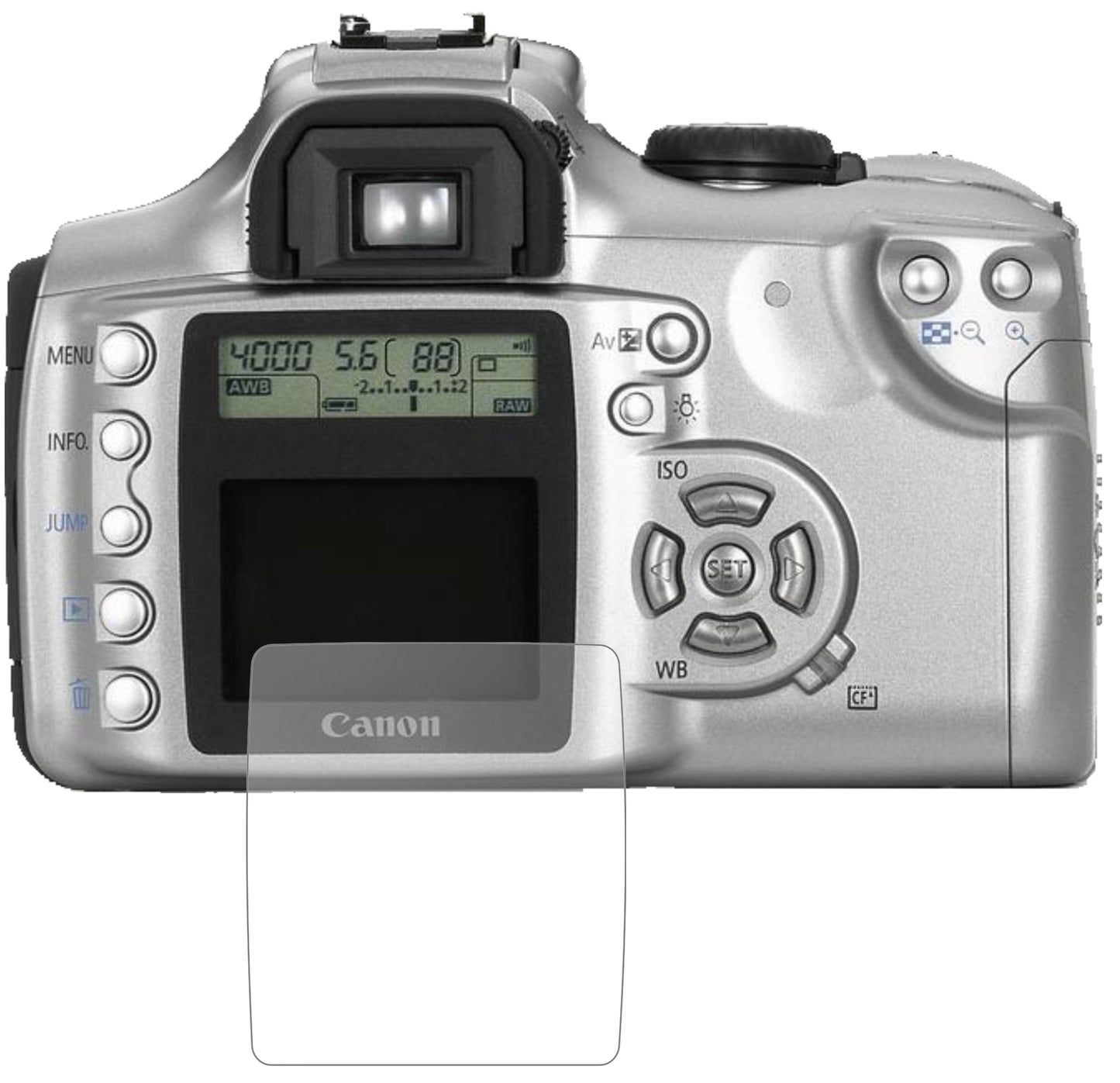 CanonEOS 300D mit aufgebrachter dipos Panzerfolie, die lästige Fingerabdrücke minimiert