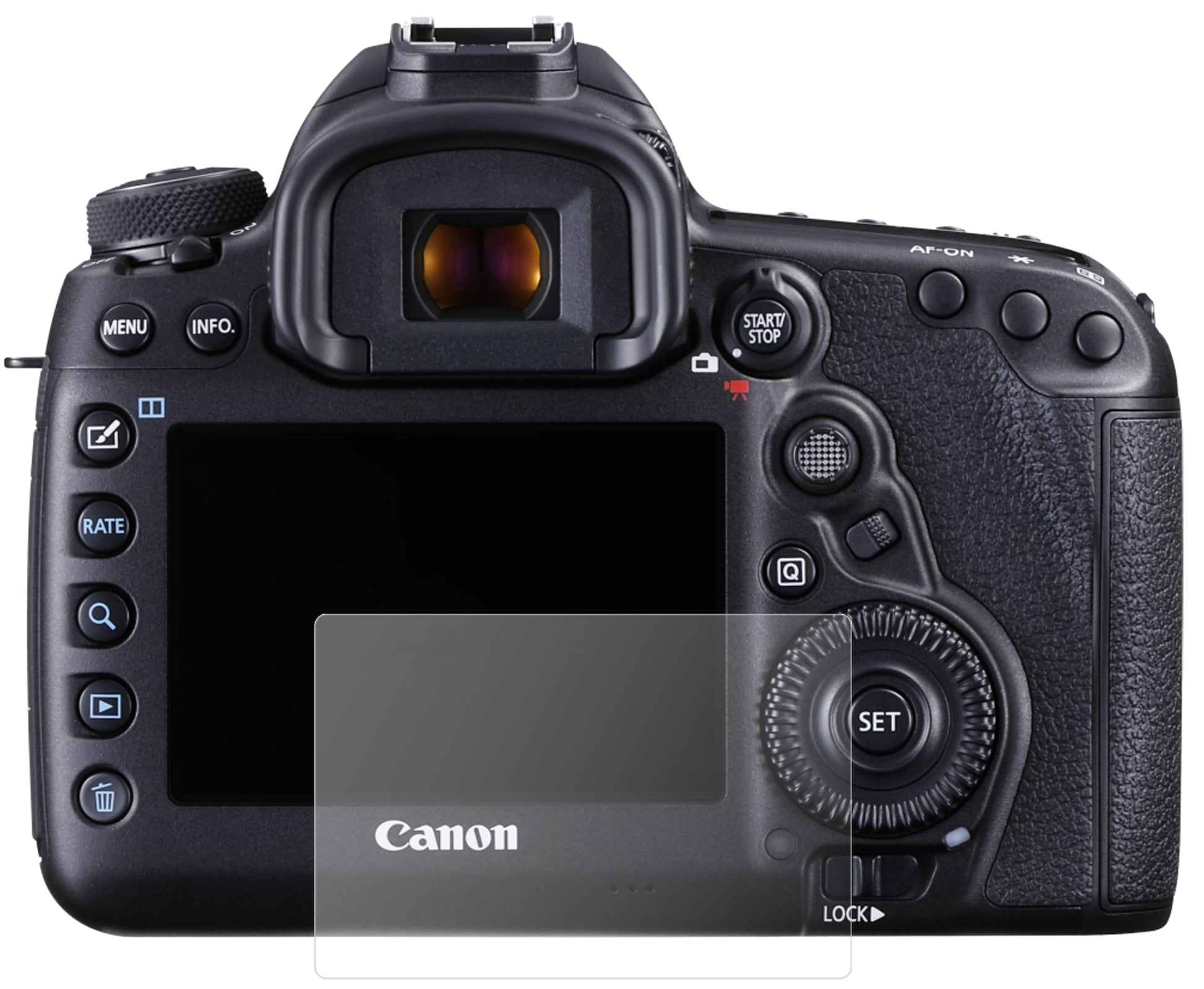 CanonEOS 5D Mark IV mit aufgebrachter dipos Panzerfolie, die lästige Fingerabdrücke minimiert