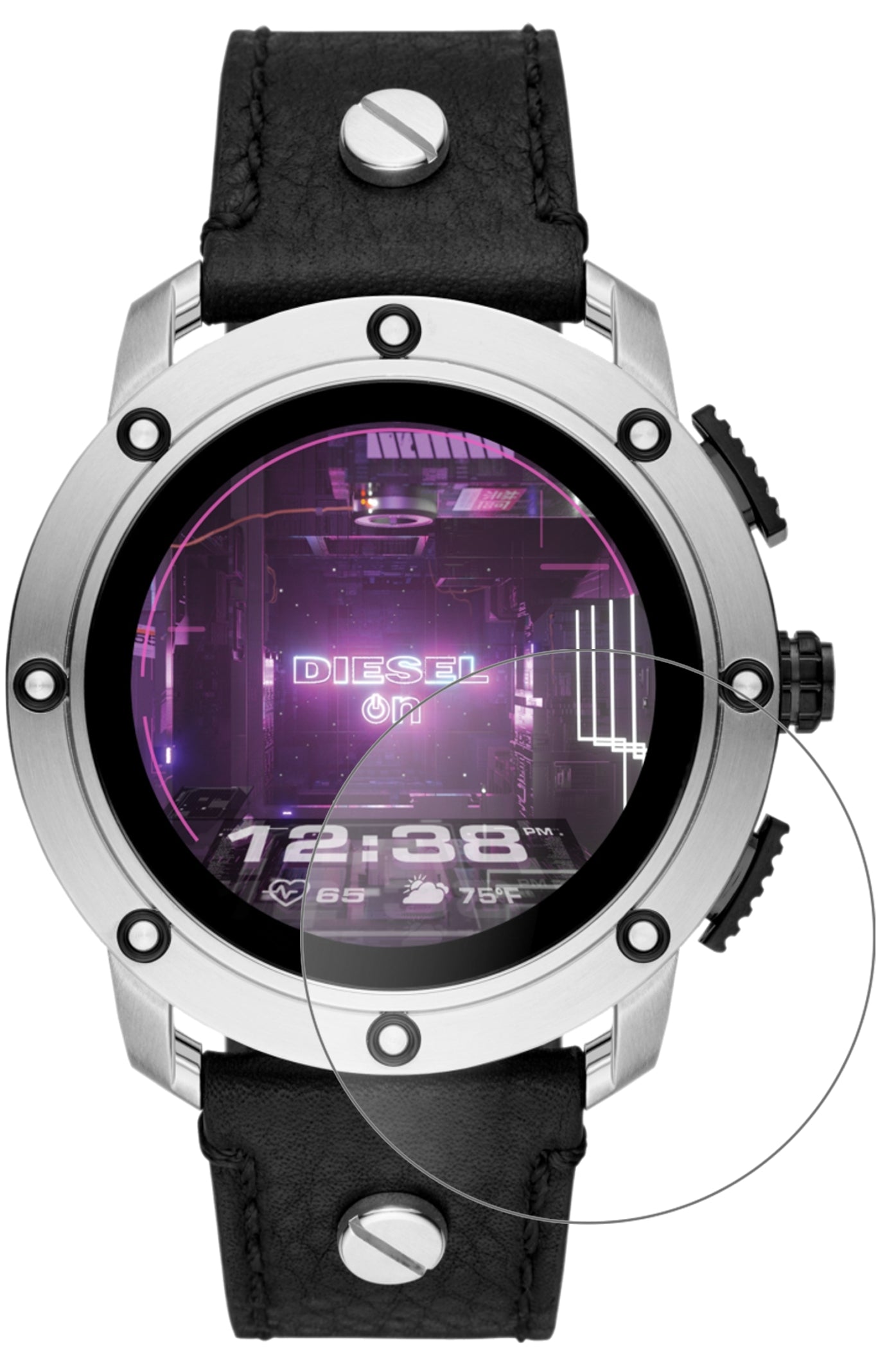 DieselOn Smartwatch Axial mit aufgebrachter dipos Panzerfolie, die lästige Fingerabdrücke minimiert