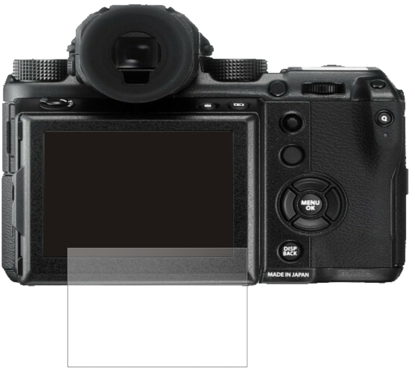 FujifilmGFX 50S II mit aufgebrachter dipos Panzerfolie, die lästige Fingerabdrücke minimiert