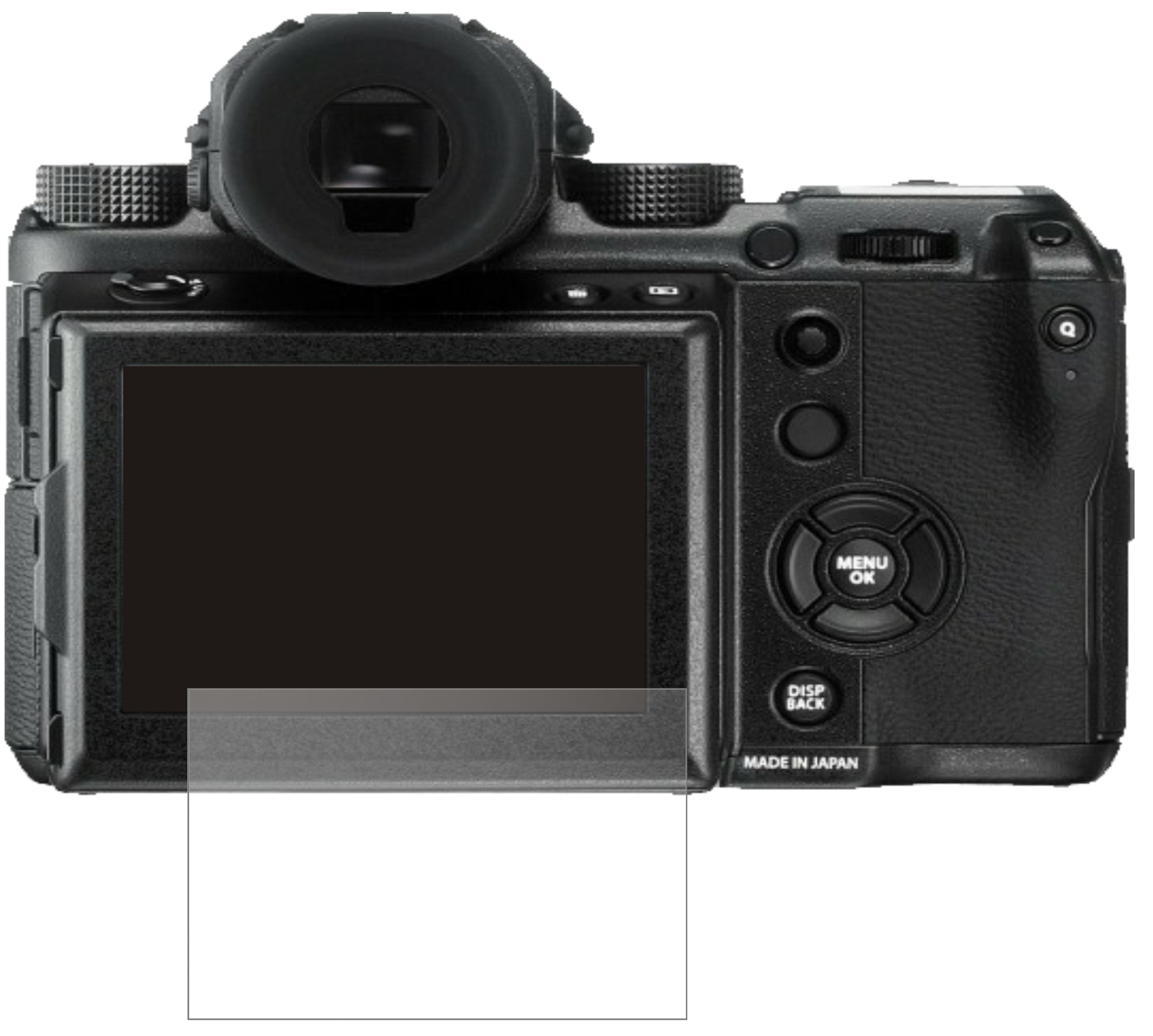 FujifilmGFX 50S II mit aufgebrachter dipos Panzerfolie, die lästige Fingerabdrücke minimiert