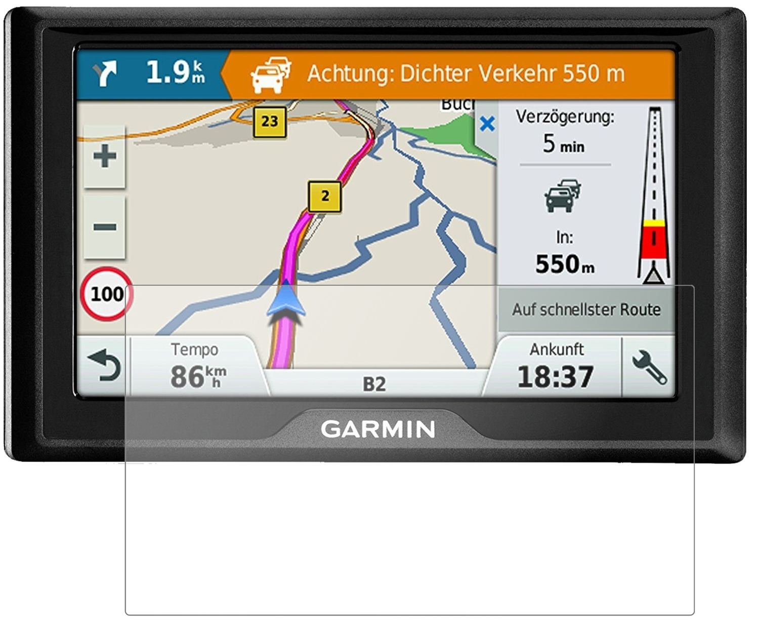 GarminDrive 5 MT-S EU mit aufgebrachter dipos Panzerfolie, die lästige Fingerabdrücke minimiert