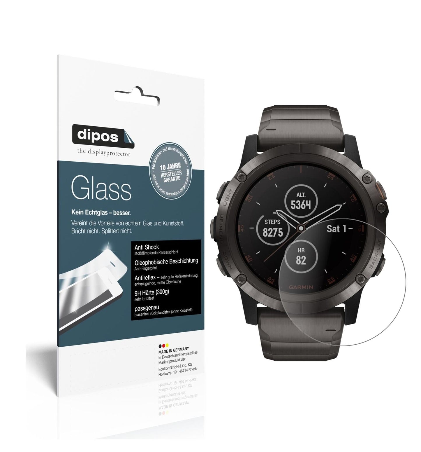 Garminfenix 5 Plus (47mm) mit aufgebrachter dipos Panzerfolie, die lästige Fingerabdrücke minimiert