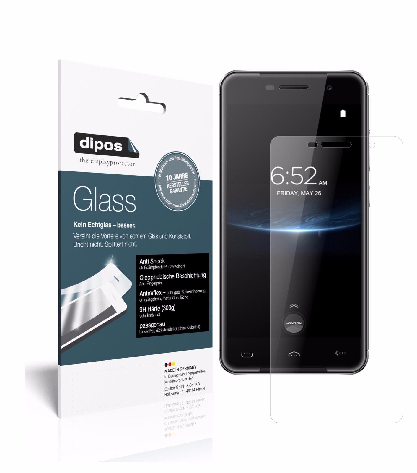 HOMTOMHT37 Pro mit aufgebrachter dipos Panzerfolie, die lästige Fingerabdrücke minimiert
