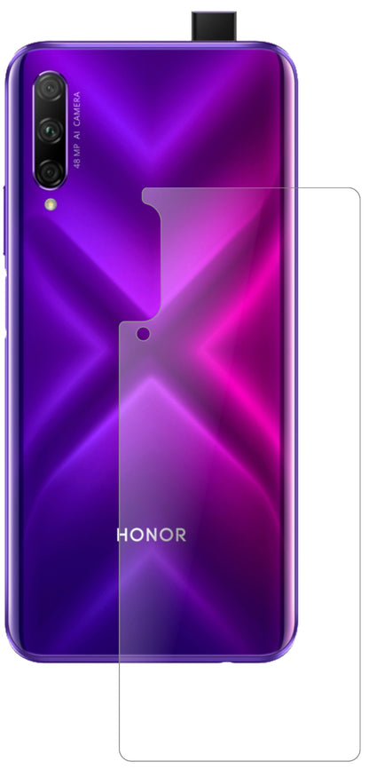 HuaweiY9s Rückseite mit aufgebrachter dipos Panzerfolie, die lästige Fingerabdrücke minimiert