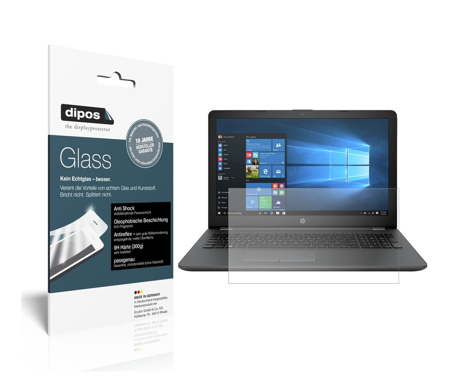 HP250 G6 15.6 Zoll mit aufgebrachter dipos Panzerfolie, die lästige Fingerabdrücke minimiert