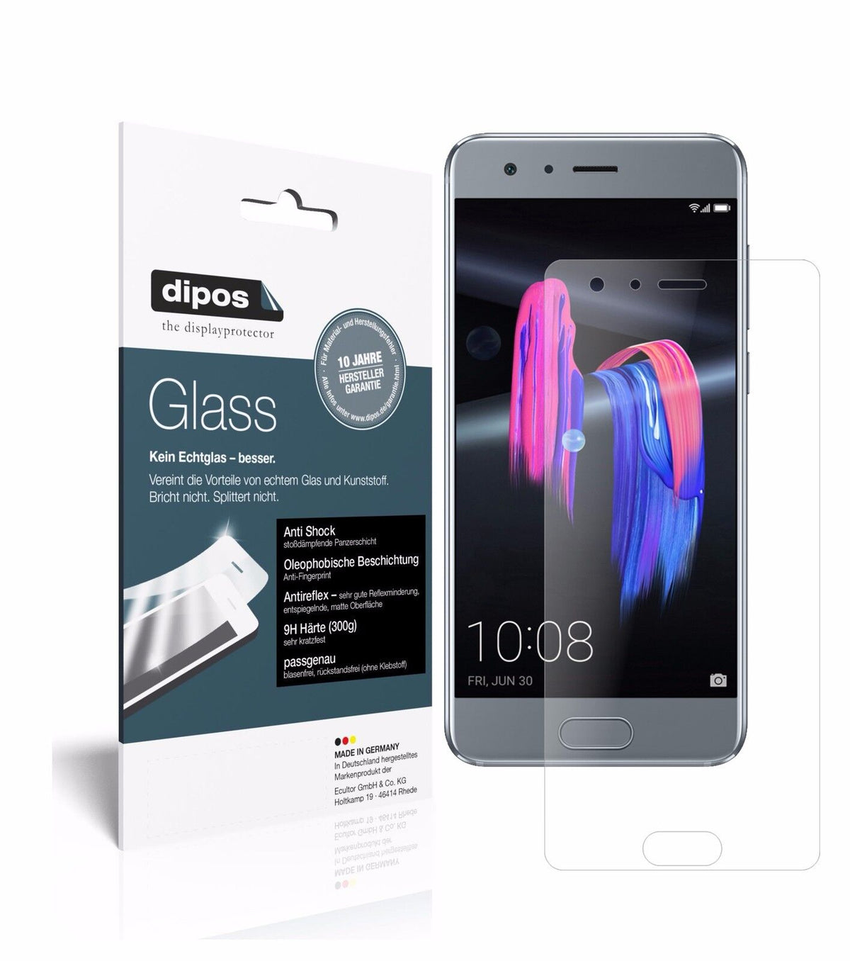 HuaweiHonor 9 mit aufgebrachter dipos Panzerfolie, die lästige Fingerabdrücke minimiert