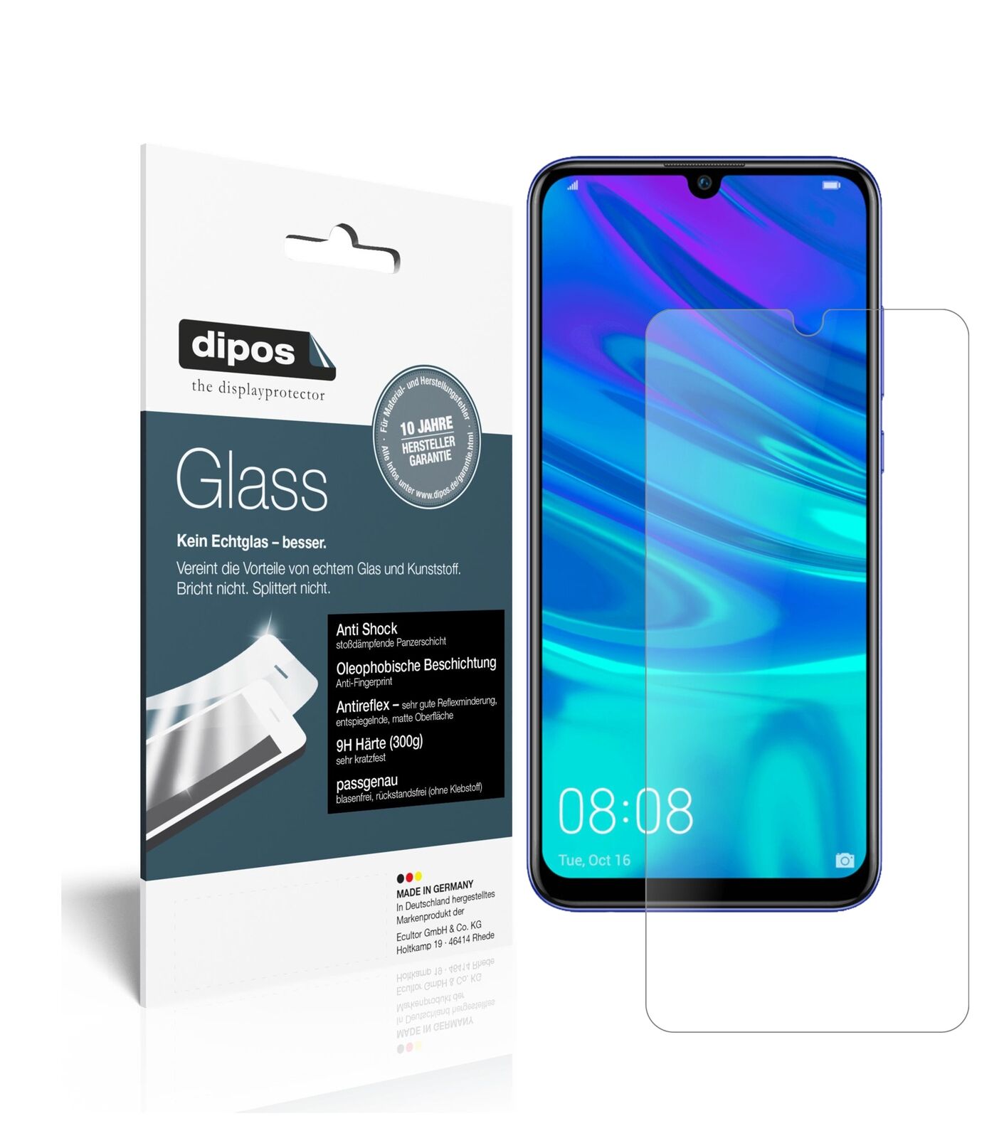 HuaweiP Smart Plus (2019) mit aufgebrachter dipos Panzerfolie, die lästige Fingerabdrücke minimiert