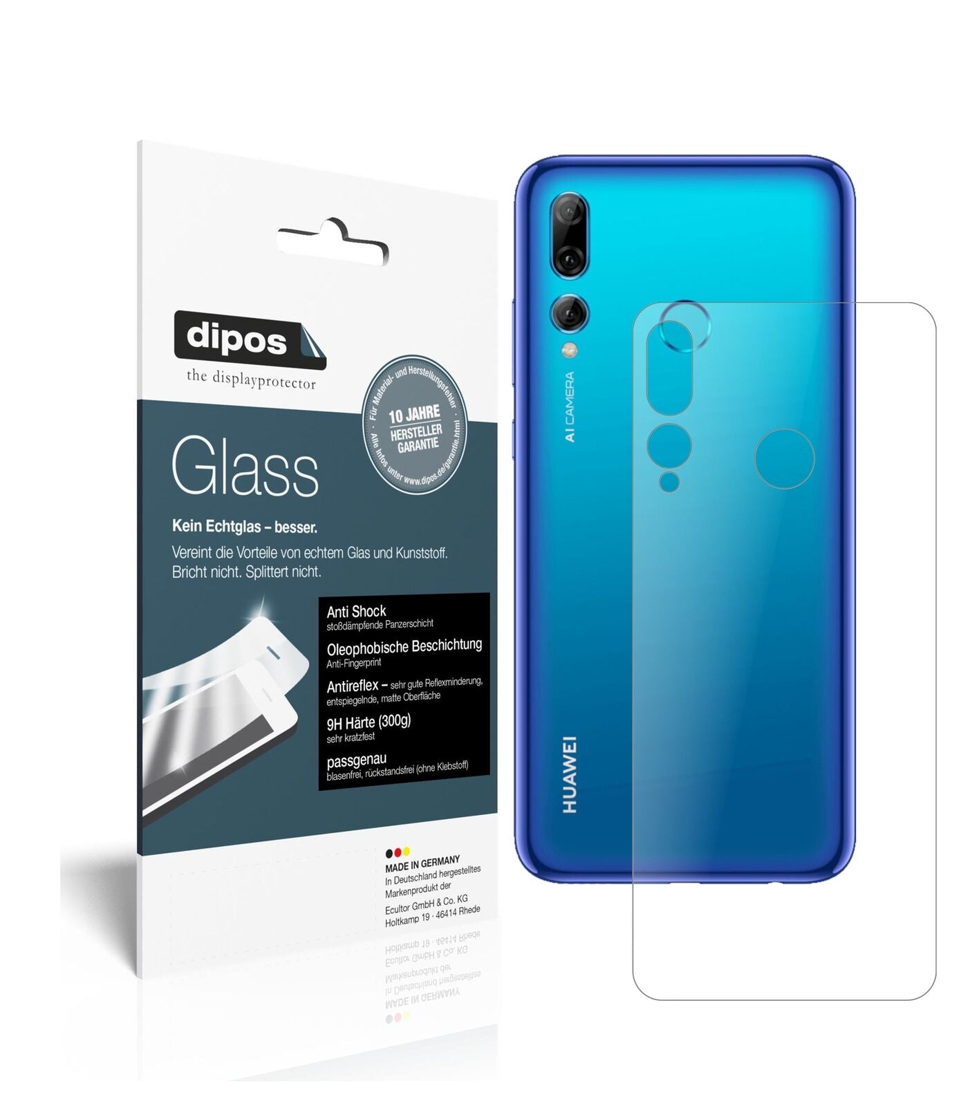 HuaweiP Smart Plus (2019) Rückseite mit aufgebrachter dipos Panzerfolie, die lästige Fingerabdrücke minimiert
