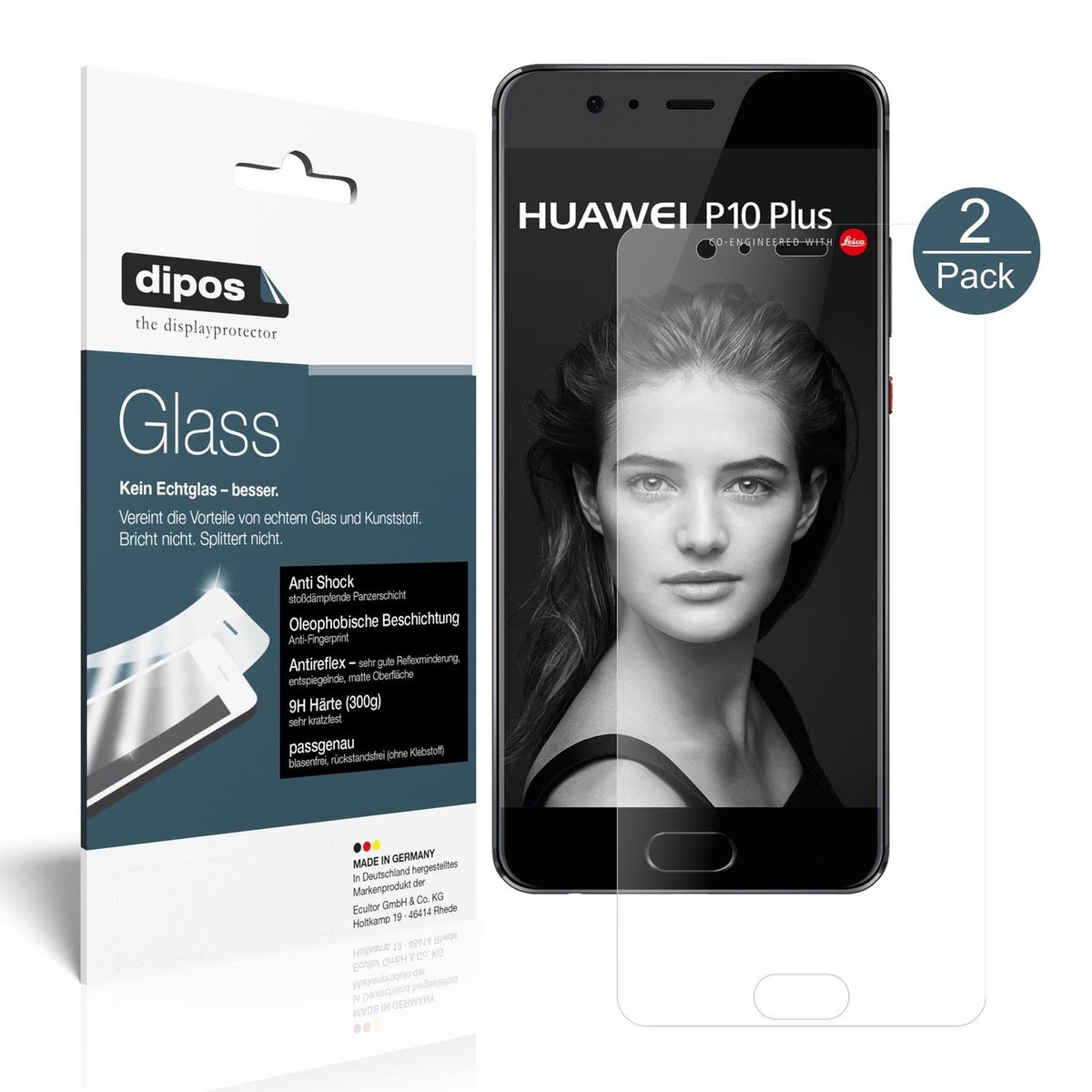 HuaweiP10 Plus mit aufgebrachter dipos Panzerfolie, die lästige Fingerabdrücke minimiert