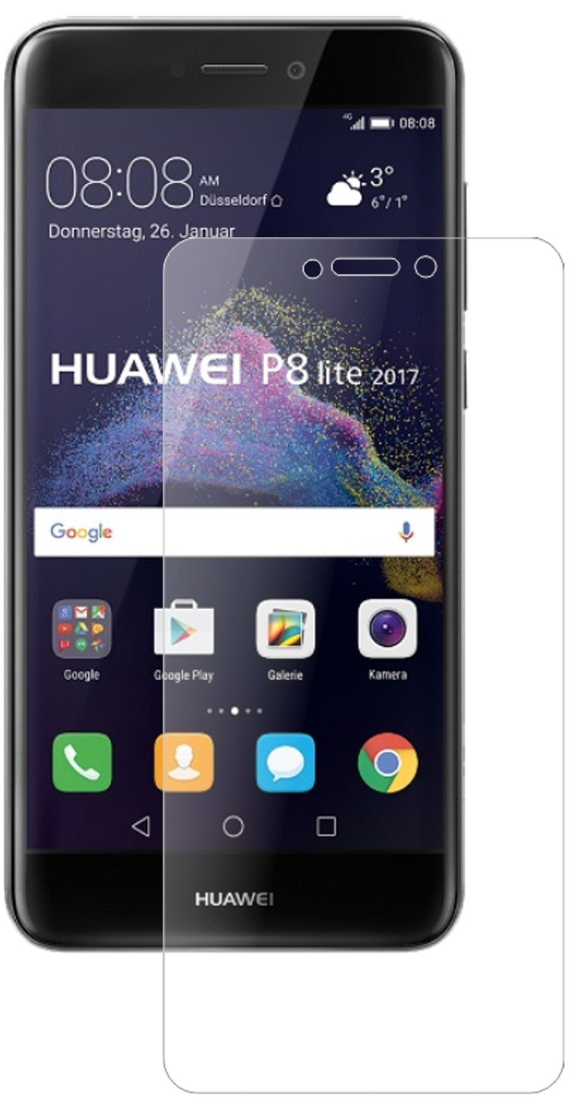HuaweiP8 Lite2017 mit aufgebrachter dipos Panzerfolie, die lästige Fingerabdrücke minimiert