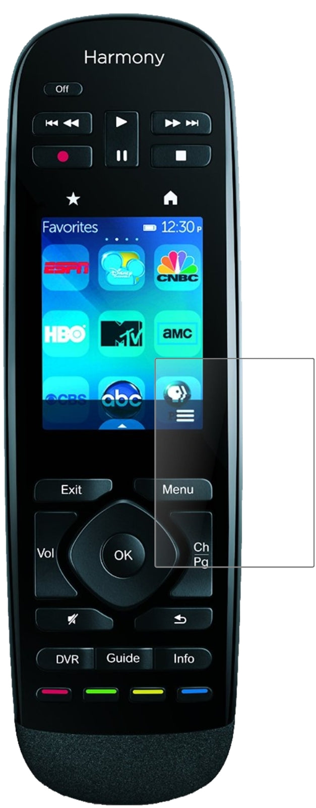 LogitechHarmony Ultimate One mit aufgebrachter dipos Panzerfolie, die lästige Fingerabdrücke minimiert