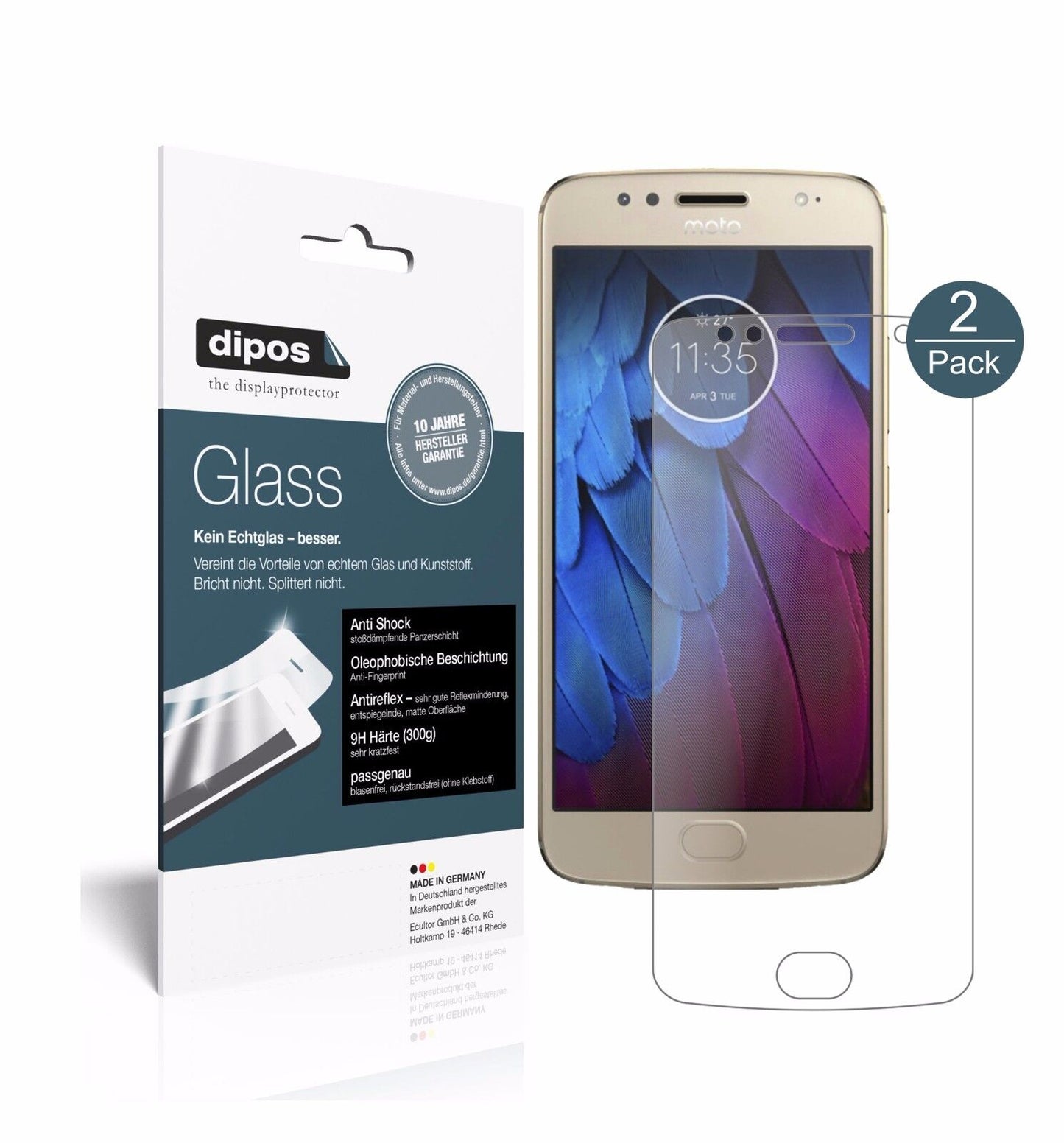 MotorolaMoto G5s Plus mit aufgebrachter dipos Panzerfolie, die lästige Fingerabdrücke minimiert