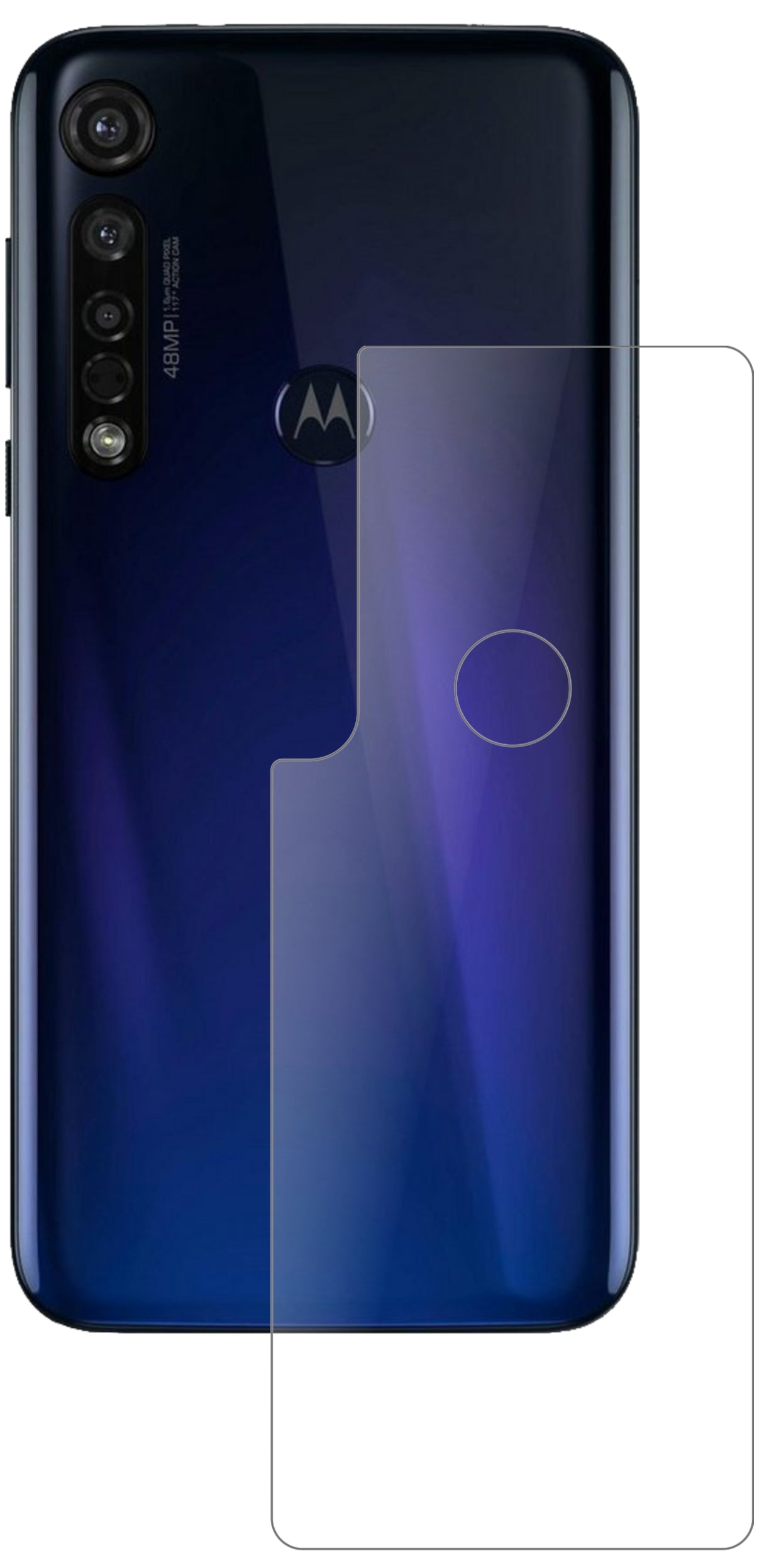 MotorolaMoto G8 Plus Rückseite mit aufgebrachter dipos Panzerfolie, die lästige Fingerabdrücke minimiert