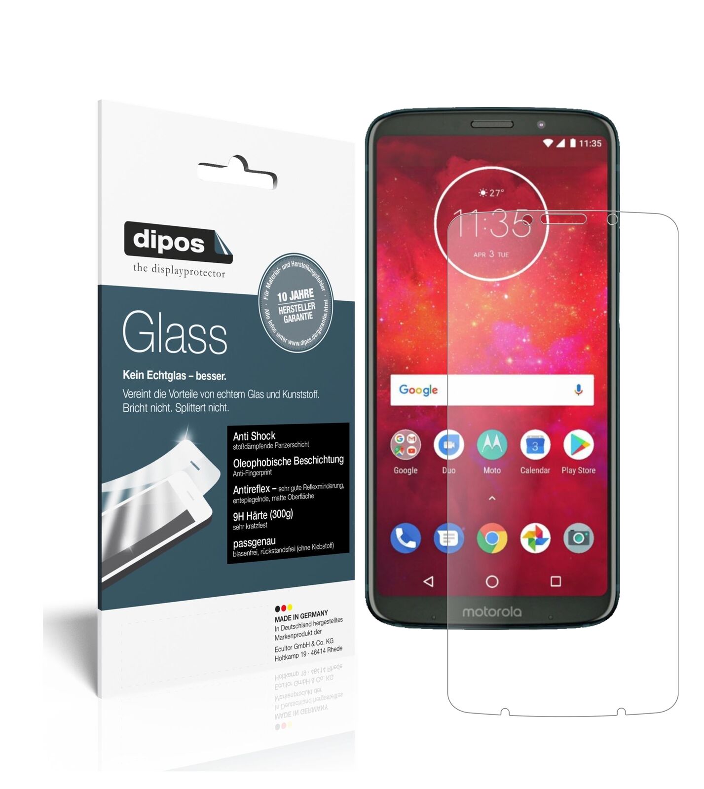 MotorolaMoto Z3 Play mit aufgebrachter dipos Panzerfolie, die lästige Fingerabdrücke minimiert