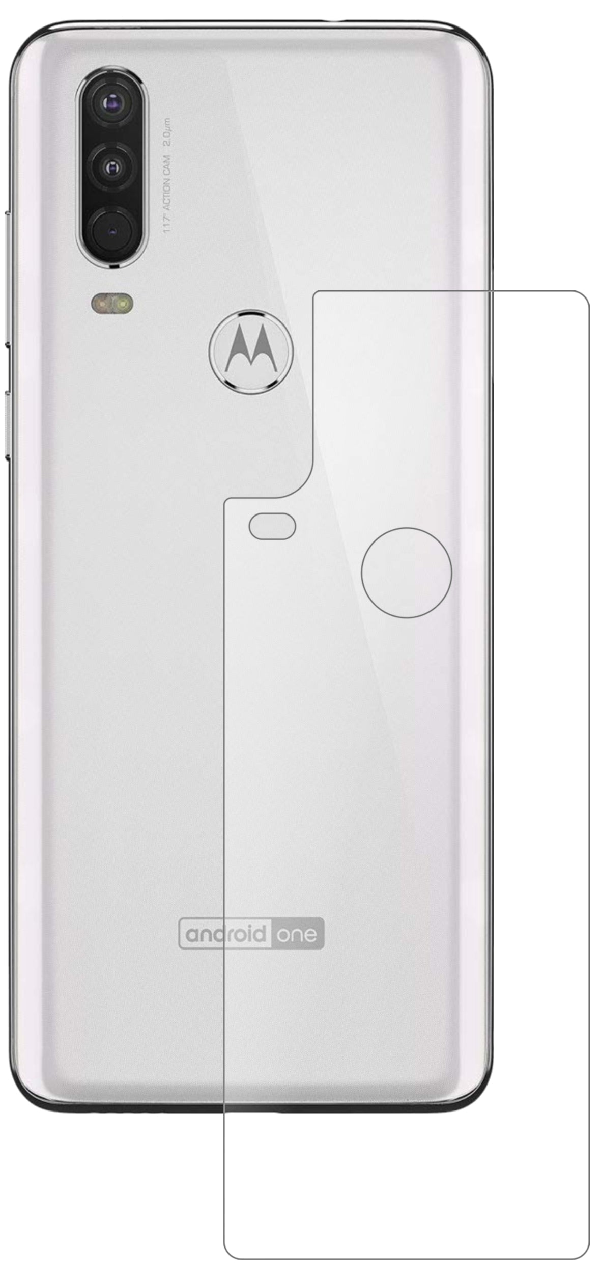 MotorolaOne Action Rückseite mit aufgebrachter dipos Panzerfolie, die lästige Fingerabdrücke minimiert