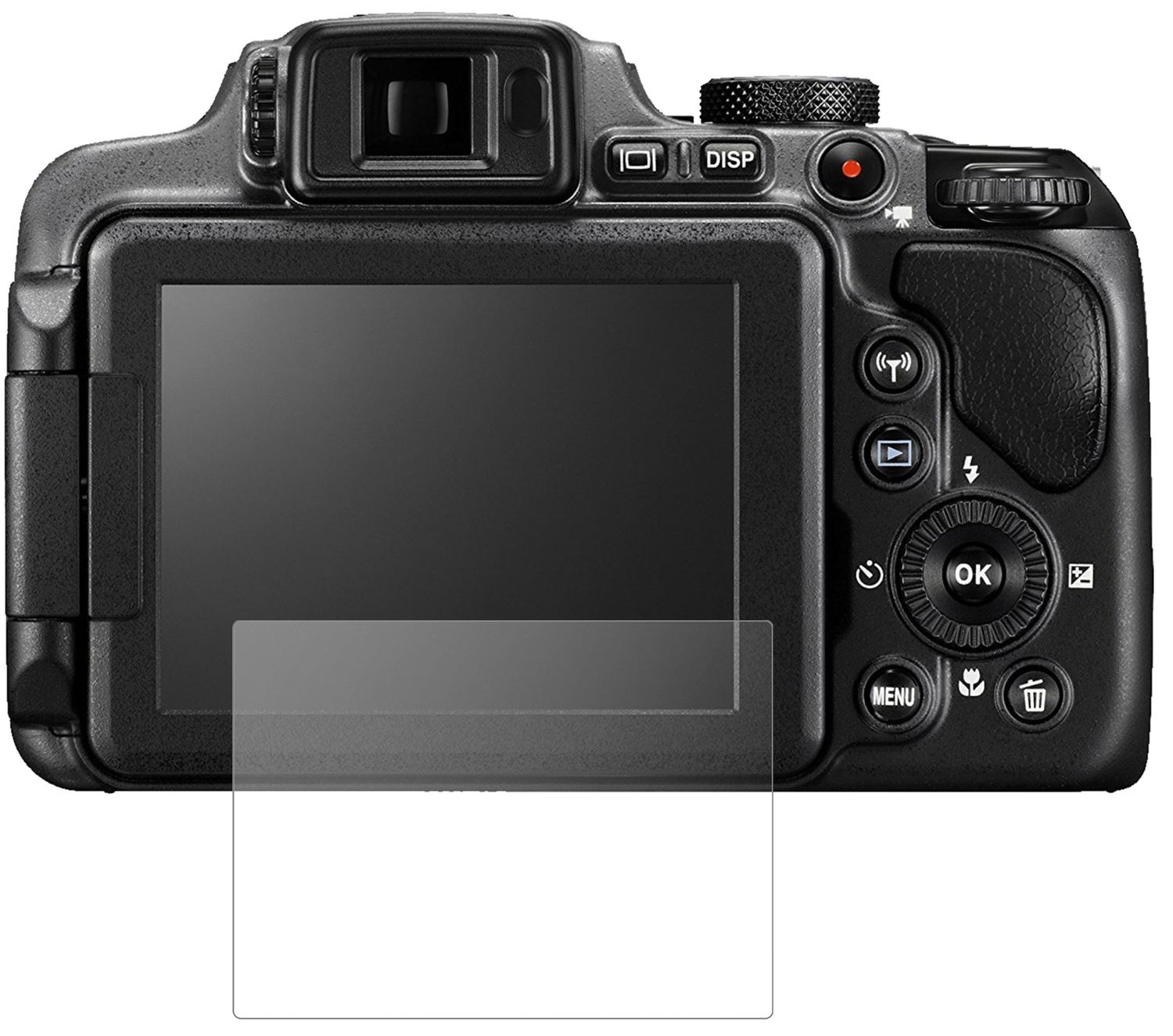 NikonCoolpix B600 mit aufgebrachter dipos Panzerfolie, die lästige Fingerabdrücke minimiert
