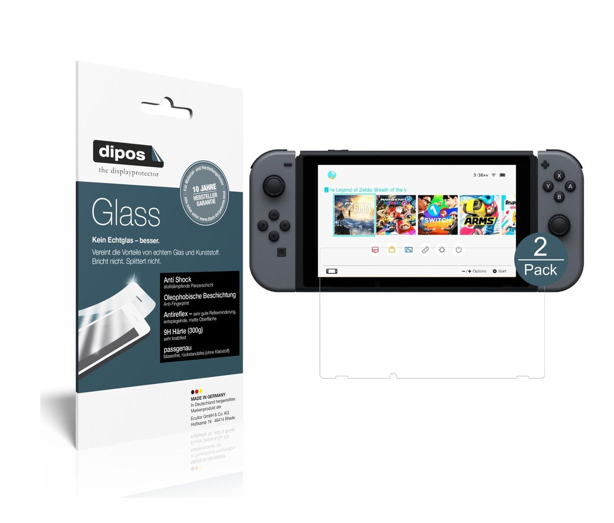 NintendoSwitch mit aufgebrachter dipos Panzerfolie, die lästige Fingerabdrücke minimiert