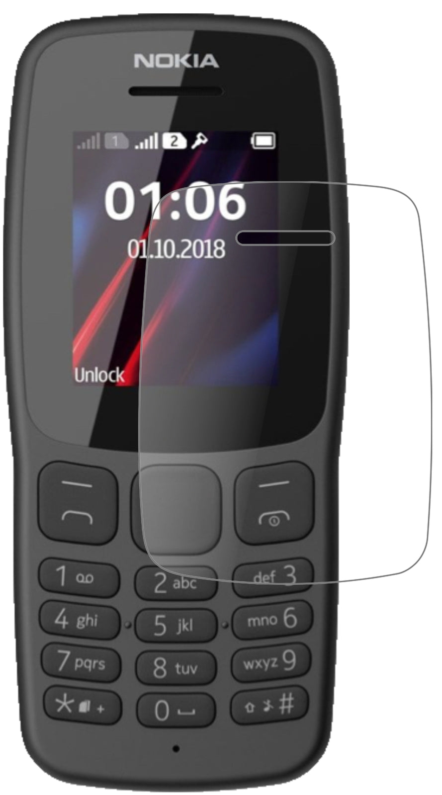 Nokia106 (2018) mit aufgebrachter dipos Panzerfolie, die lästige Fingerabdrücke minimiert