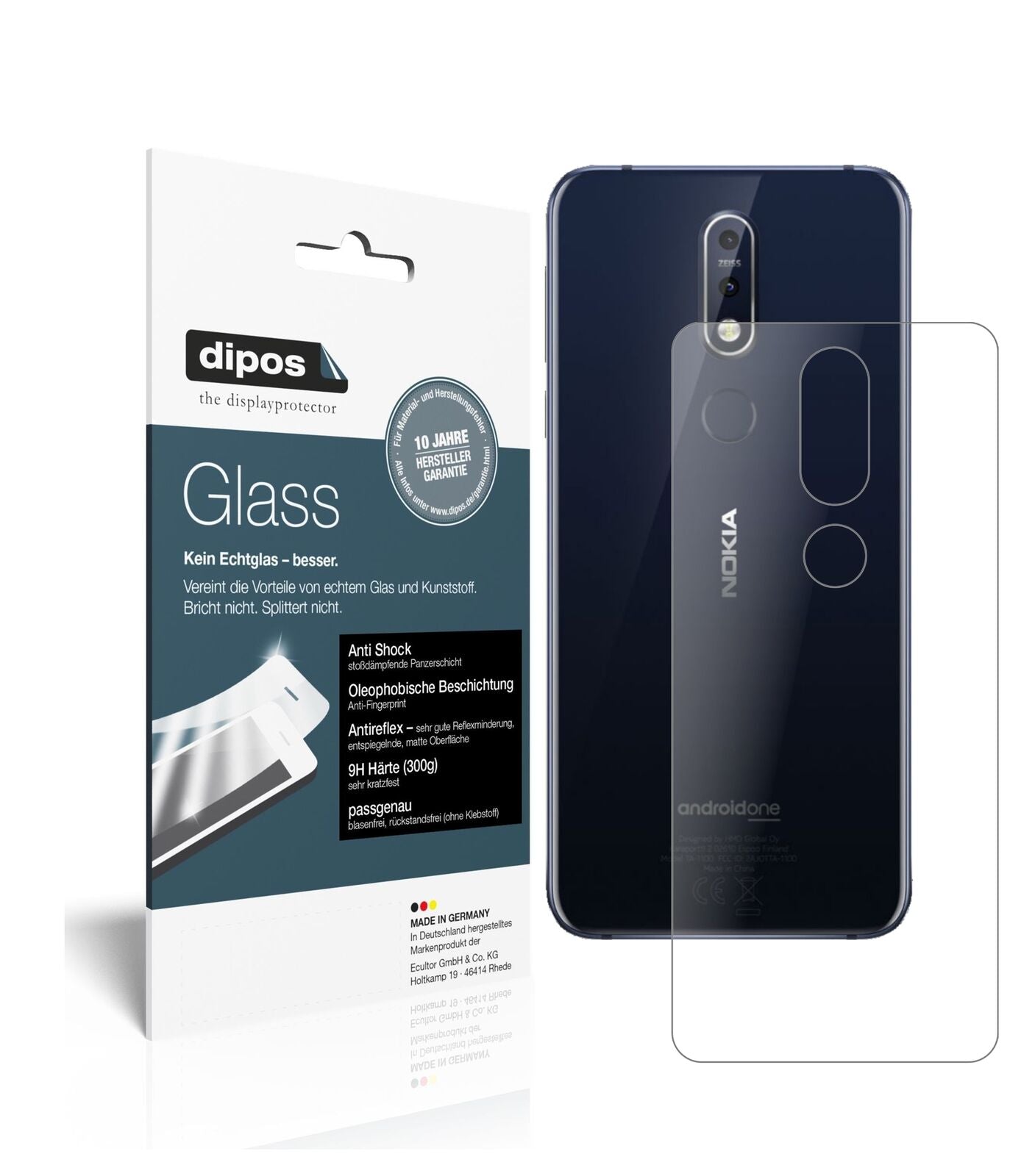 Nokia7.1 Rückseite mit aufgebrachter dipos Panzerfolie, die lästige Fingerabdrücke minimiert