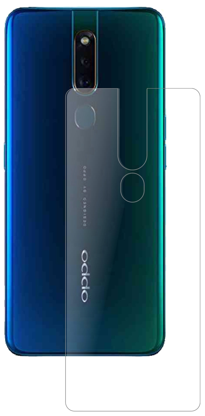OppoF11 Rückseite mit aufgebrachter dipos Panzerfolie, die lästige Fingerabdrücke minimiert