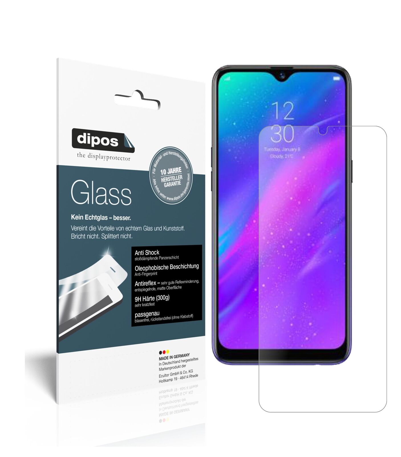 OppoRealme 3 Pro mit aufgebrachter dipos Panzerfolie, die lästige Fingerabdrücke minimiert