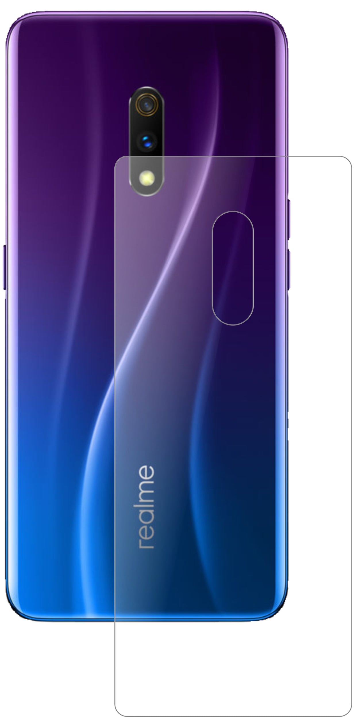 OppoRealme X Master Edition Rückseite mit aufgebrachter dipos Panzerfolie, die lästige Fingerabdrücke minimiert