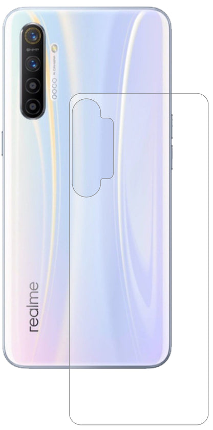 OppoRealme XT Rückseite mit aufgebrachter dipos Panzerfolie, die lästige Fingerabdrücke minimiert