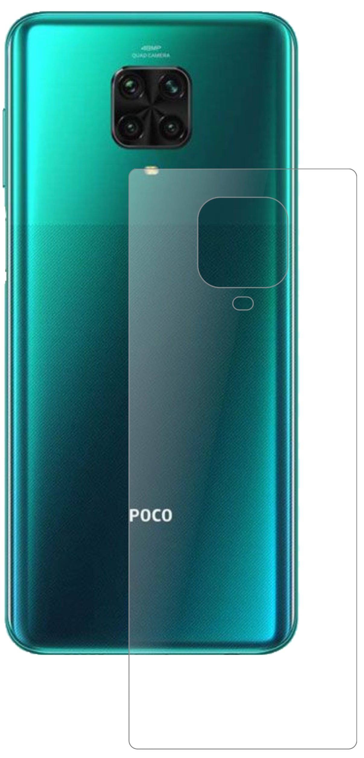 PocoM2 Pro Rückseite mit aufgebrachter dipos Panzerfolie, die lästige Fingerabdrücke minimiert