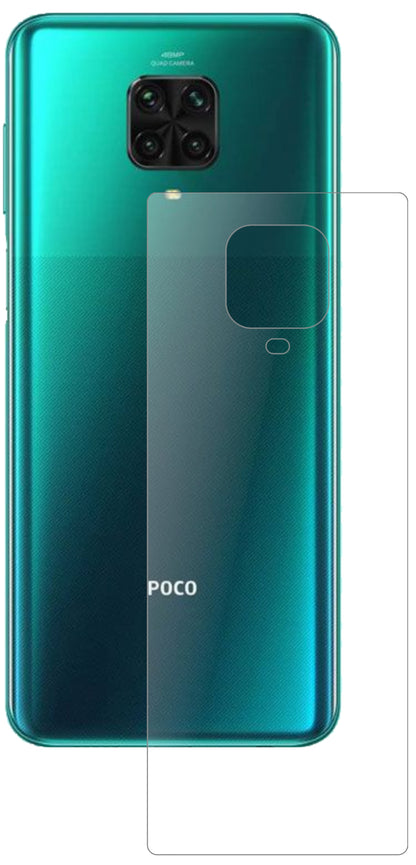 PocoM2 Pro Rückseite mit aufgebrachter dipos Panzerfolie, die lästige Fingerabdrücke minimiert
