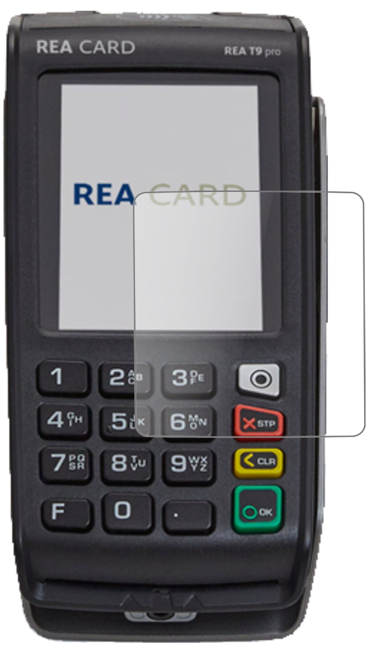 REA CARDT9 pro Terminal mit aufgebrachter dipos Panzerfolie, die lästige Fingerabdrücke minimiert