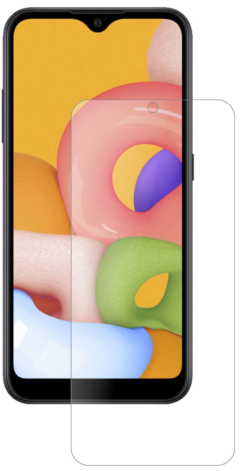 SamsungGalaxy A01 mit aufgebrachter dipos Panzerfolie, die lästige Fingerabdrücke minimiert
