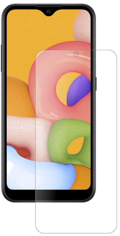 SamsungGalaxy A01 mit aufgebrachter dipos Panzerfolie, die lästige Fingerabdrücke minimiert