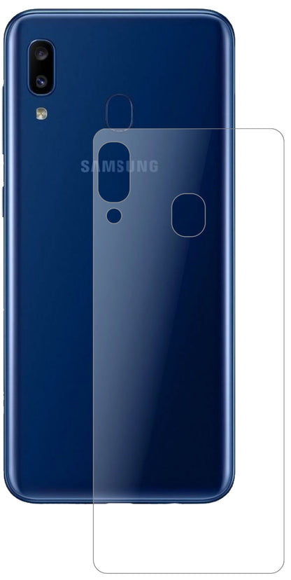 SamsungGalaxy A20 Rückseite mit aufgebrachter dipos Panzerfolie, die lästige Fingerabdrücke minimiert