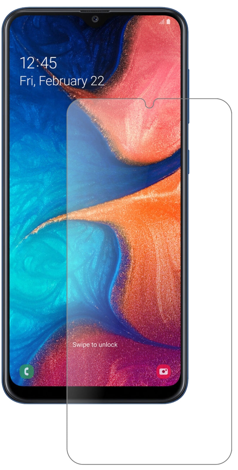 SamsungGalaxy A20e mit aufgebrachter dipos Panzerfolie, die lästige Fingerabdrücke minimiert