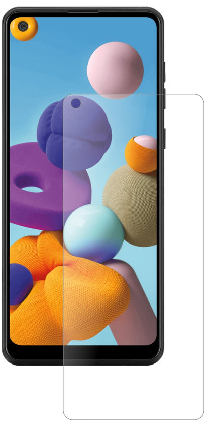 SamsungGalaxy A21 mit aufgebrachter dipos Panzerfolie, die lästige Fingerabdrücke minimiert