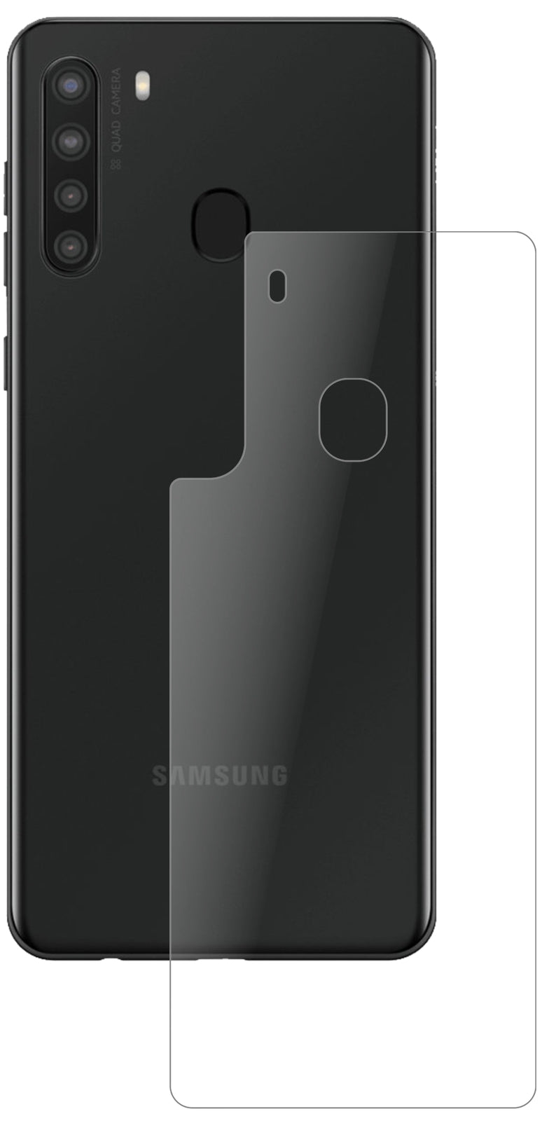 SamsungGalaxy A21 Rückseite mit aufgebrachter dipos Panzerfolie, die lästige Fingerabdrücke minimiert