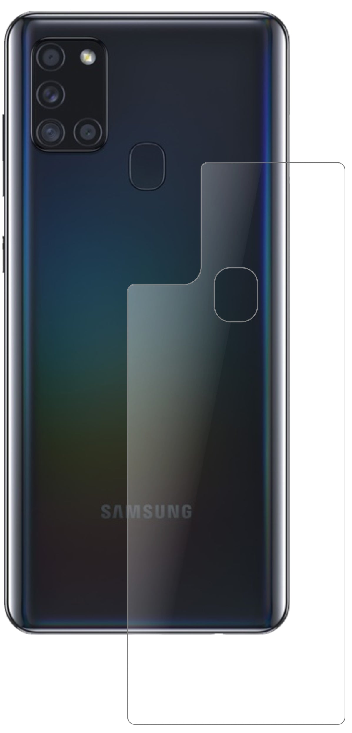 SamsungGalaxy A21s Rückseite mit aufgebrachter dipos Panzerfolie, die lästige Fingerabdrücke minimiert