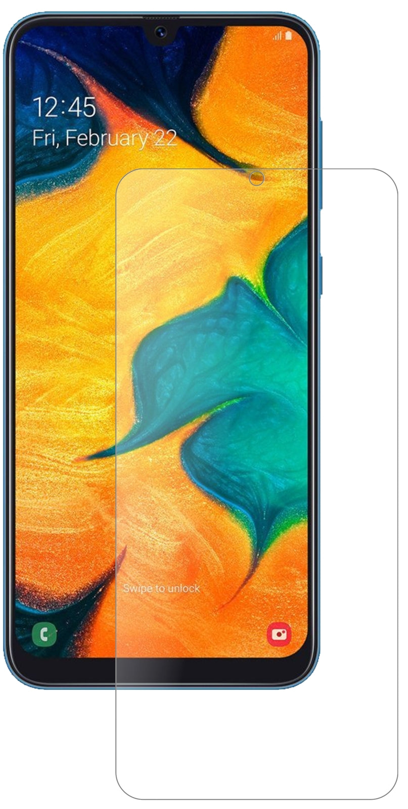 SamsungGalaxy A30 mit aufgebrachter dipos Panzerfolie, die lästige Fingerabdrücke minimiert