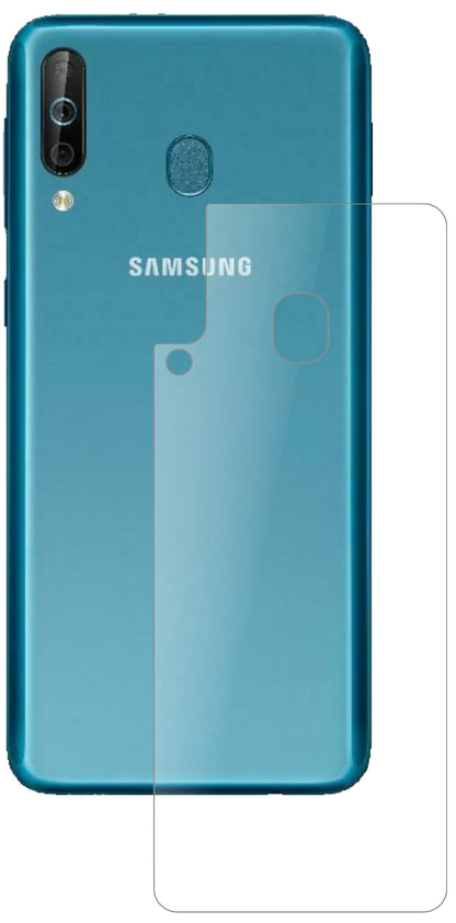 SamsungGalaxy A40s Rückseite mit aufgebrachter dipos Panzerfolie, die lästige Fingerabdrücke minimiert