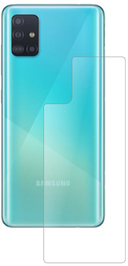 SamsungGalaxy A51 5G Rückseite mit aufgebrachter dipos Panzerfolie, die lästige Fingerabdrücke minimiert