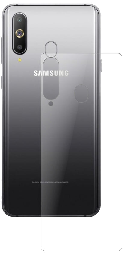 SamsungGalaxy A60 Rückseite mit aufgebrachter dipos Panzerfolie, die lästige Fingerabdrücke minimiert