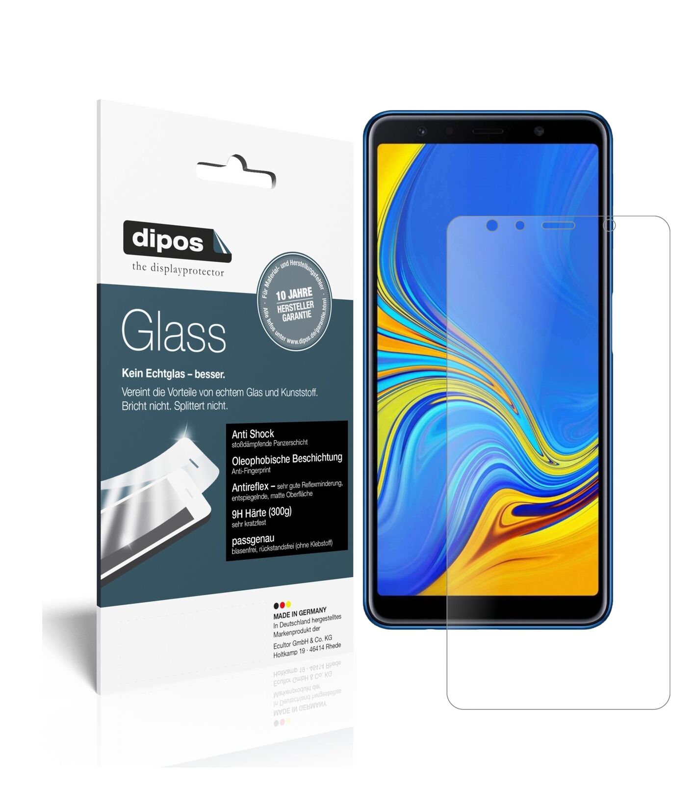 SamsungGalaxy A7 (2018) mit aufgebrachter dipos Panzerfolie, die lästige Fingerabdrücke minimiert