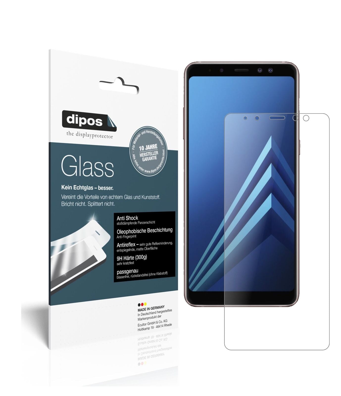 SamsungGalaxy A8 (2018) mit aufgebrachter dipos Panzerfolie, die lästige Fingerabdrücke minimiert