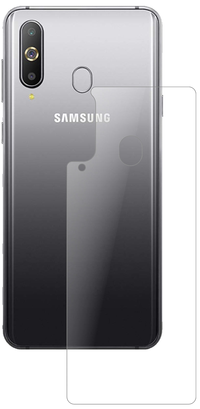 SamsungGalaxy A8s Rückseite mit aufgebrachter dipos Panzerfolie, die lästige Fingerabdrücke minimiert