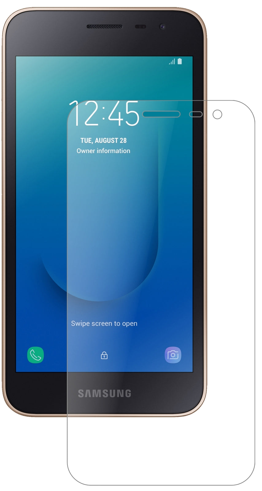 SamsungGalaxy J2 Core (2018) mit aufgebrachter dipos Panzerfolie, die lästige Fingerabdrücke minimiert