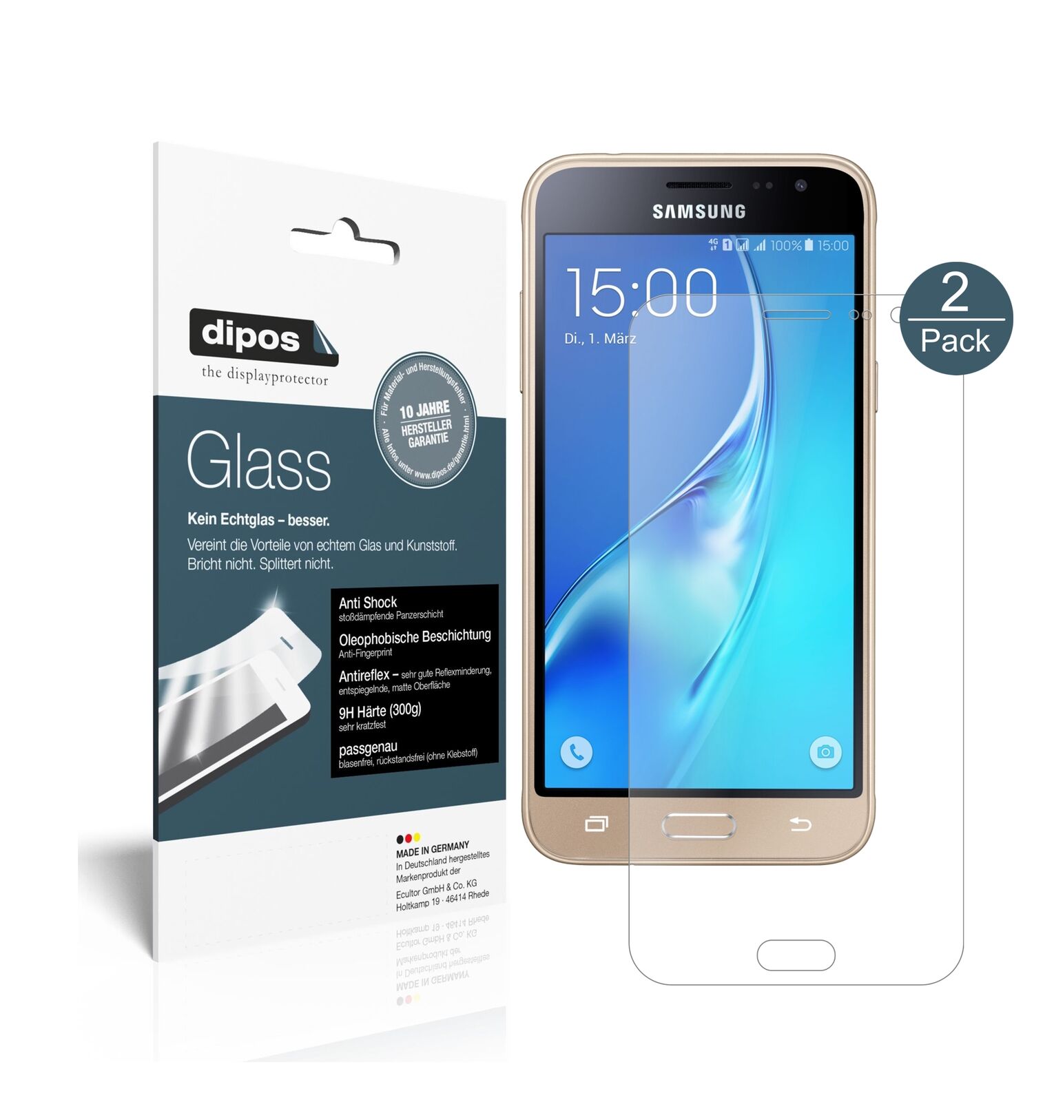 SamsungGalaxy J3 (2016) mit aufgebrachter dipos Panzerfolie, die lästige Fingerabdrücke minimiert