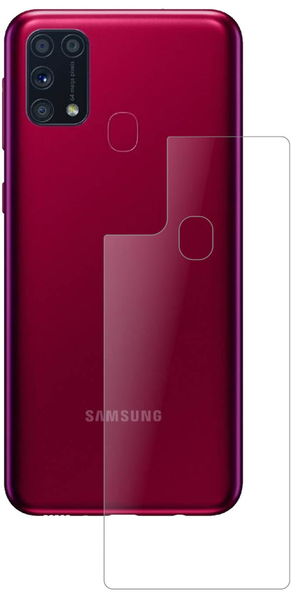 SamsungGalaxy M31 Rückseite mit aufgebrachter dipos Panzerfolie, die lästige Fingerabdrücke minimiert