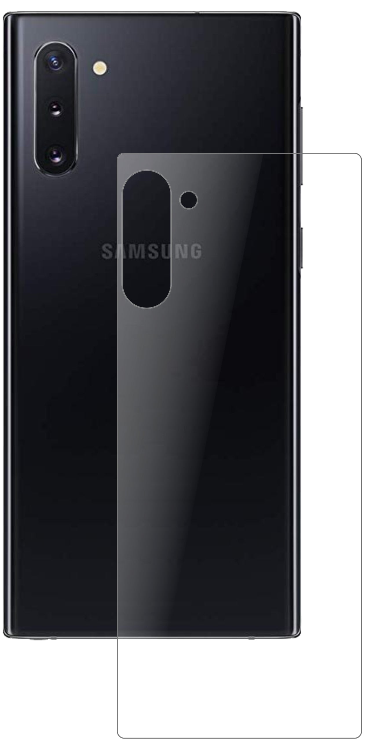 SamsungGalaxy Note 10 5G Rückseite mit aufgebrachter dipos Panzerfolie, die lästige Fingerabdrücke minimiert